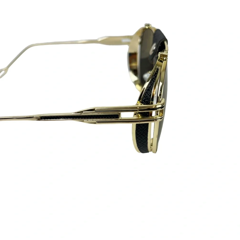 AVIATOR Gold Metal Frame Blue Purple Lense Faux Leather Black Trim Sunglasses - Picture 3 of 15